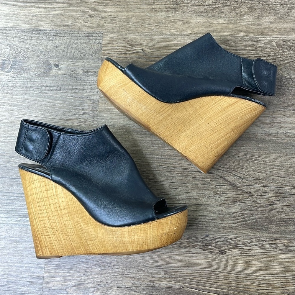Steve Madden Brendi Black Italian Leather Wedge Wood Heels, size 8/38